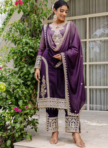 Georgette Sequence Embroidered Purple Salwar Kameez With Dupatta